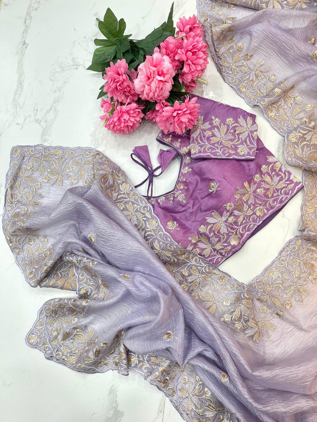 Crushed Party wear Saree with stitched designer blouse