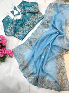 Crushed Party wear Saree with stitched designer blouse