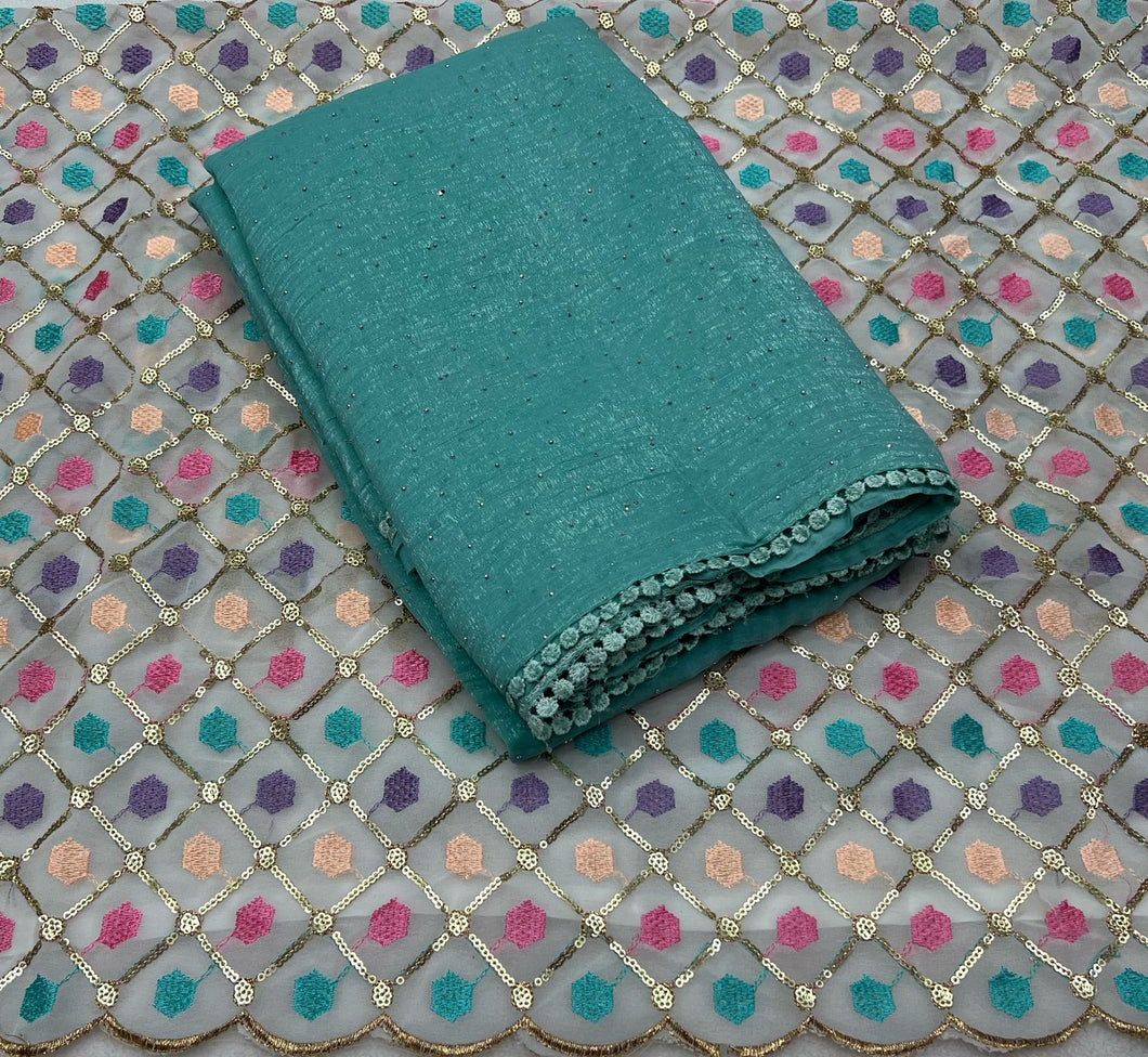 Blue Soft Chiffon Saree with Stone Work