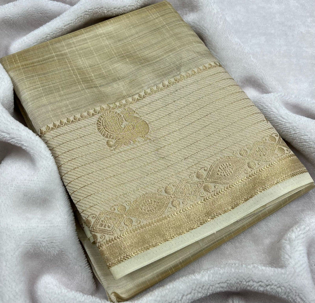 Off-white/Golden Raw Silk Saree