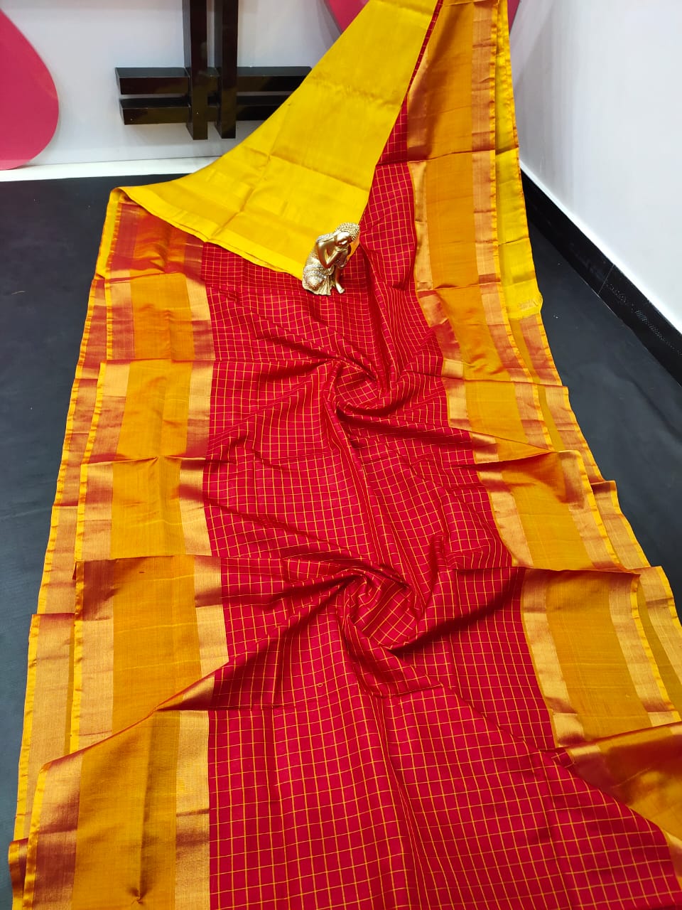 Red Soft silk saree in checks