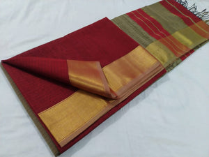 Pure Handloom plain silk cotton saree with Zari border and Pallu