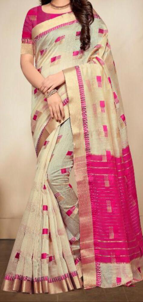 Beige and Pink Cotton silk saree with contrast blouse