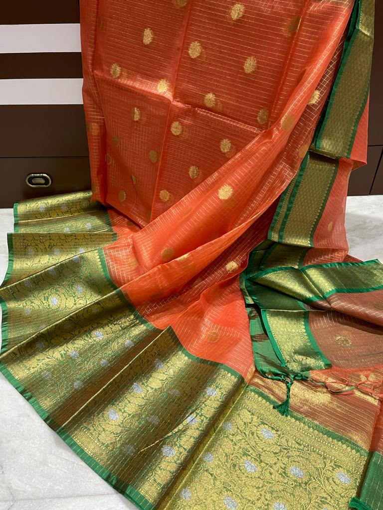 Orange and green Banarasi kora Organza saree