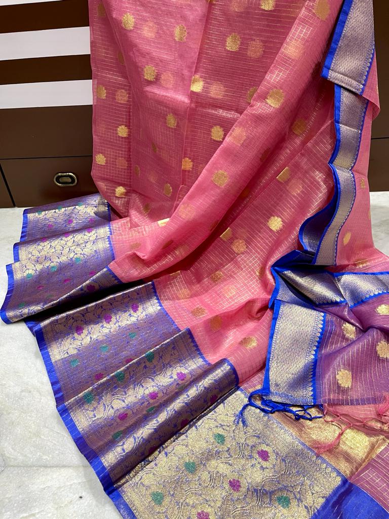 Pink and Blue Banarasi kora Organza saree