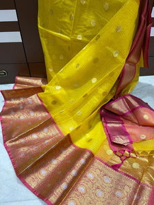 Yellow and Pink Banarasi kora Organza saree