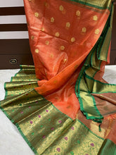Load image into Gallery viewer, Orange and green Banarasi kora Organza saree
