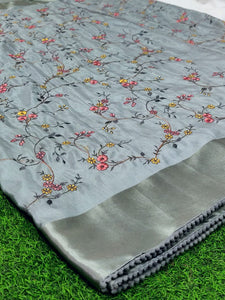 Designer Raw Silk saree with Floral motif work