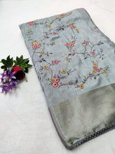 Load image into Gallery viewer, Designer Raw Silk saree with Floral motif work
